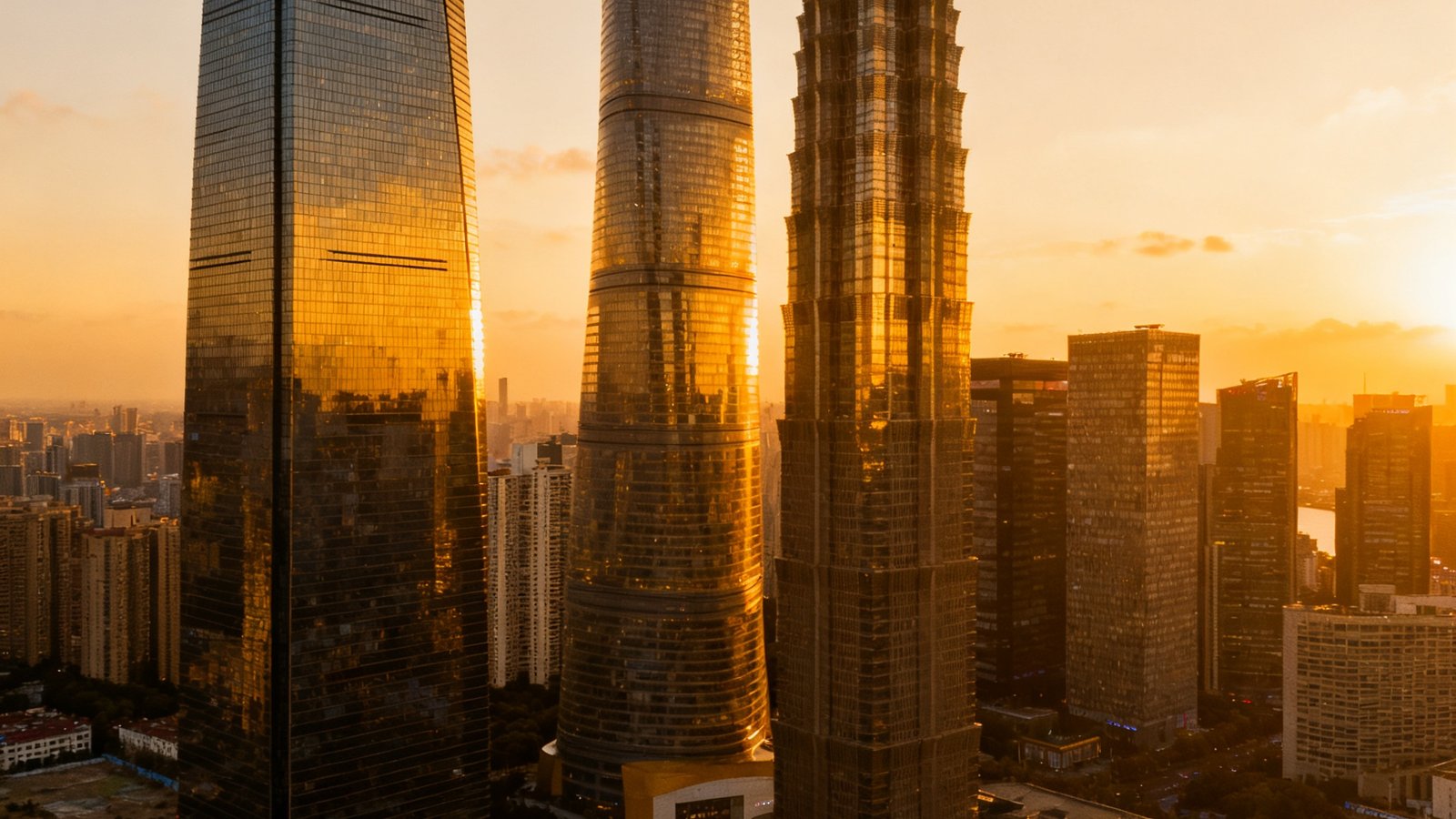 上海环球金融中心外观全景，超甲级写字楼的玻璃幕墙在夕阳下反射金色光芒，建筑高耸入云，周围是陆家嘴金融区的现代化城市景观