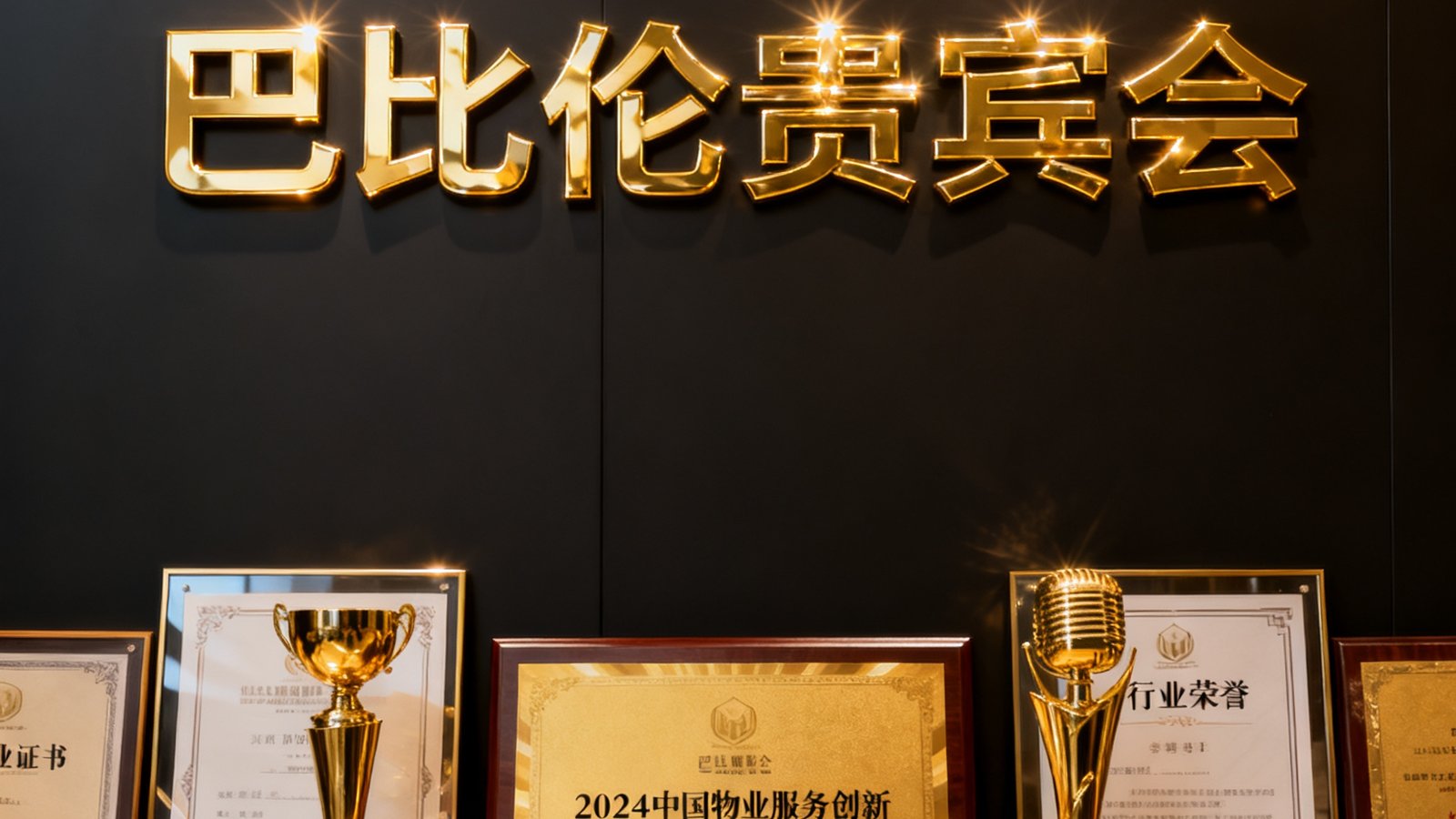 巴比伦贵宾会品牌形象展示：深色背景上金色品牌标识熠熠生辉，下方陈列着多项行业荣誉证书和奖杯，包括2024中国物业服务创新奖金色奖牌